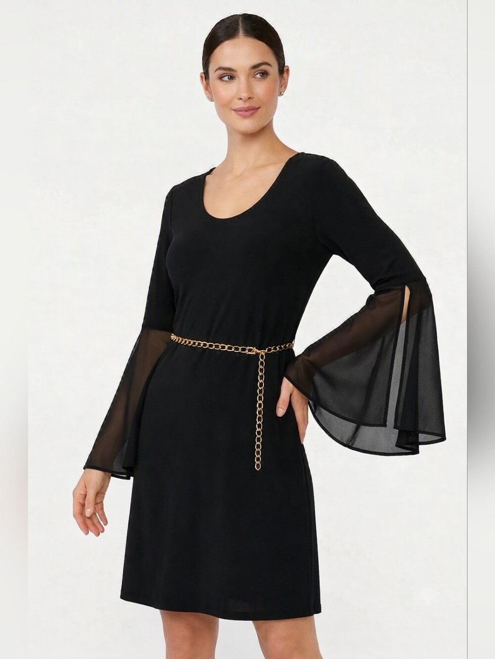 NWT MSK Black Long-Sleeve Dress with Sheer Bell Sleeves & Chain Belt Size M